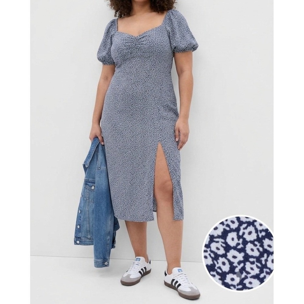 GAP Midi Dress XXL Tall Blue White Ditsy Floral Puff Sleeve Smocked 90s NWT